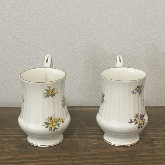Royal Windsor Bone China Mugs Yellow Mimosa & Purple Floral Gold Rim England 2 - Picture 2 of 10